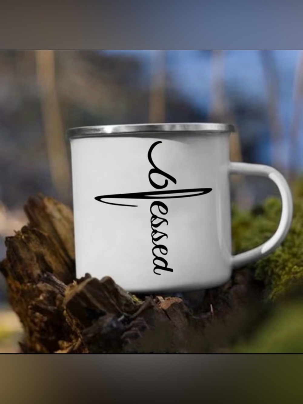 Coffee Mug 12 oz 'Blessed' Mug White Enamel Over Stainless Steel NIB - Picture 2 of 5